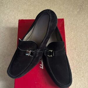 Men’s Ferragamo black suede slip ons with side buckle size 9